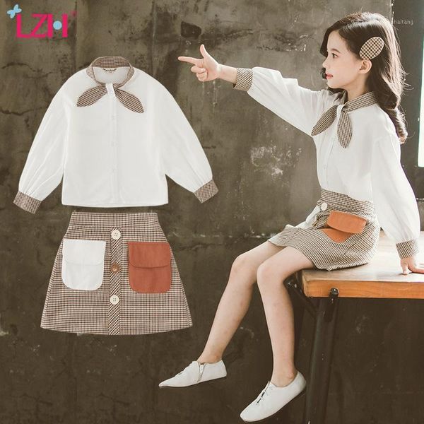 

lzh 2020 autumn fashion teen girls skirt suit bow neckline long sleeve + double pocket lattice skirt 2pcs sets kids clothing1, White