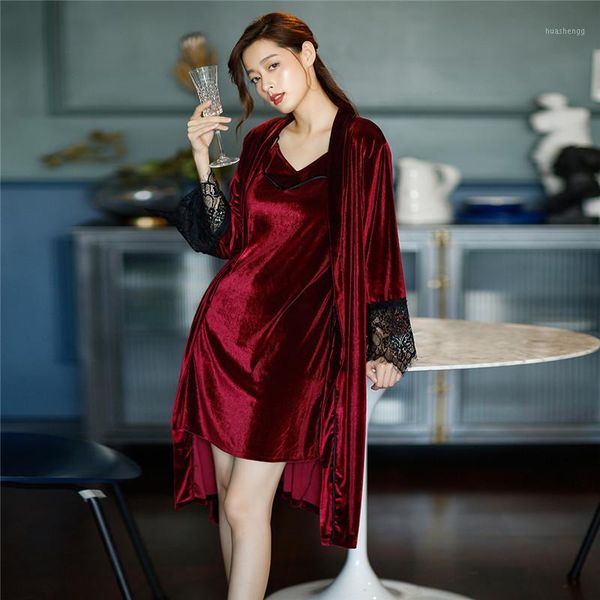 

women lace robe & gown sets 2 pieces velour sleepwear sets long sleeve bathrobe pajamas dress autumn winter home clothes1, Black;red