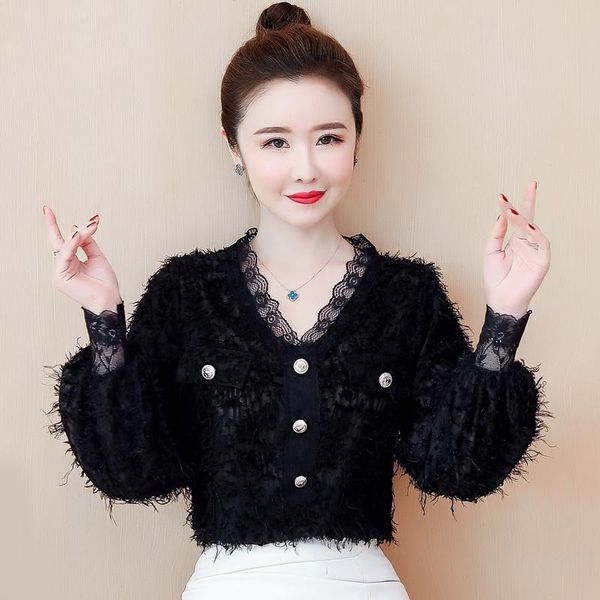 

women's spring autumn style blouse shirt women's v-neck lantern sleeve lace patchwork casual sp959, White