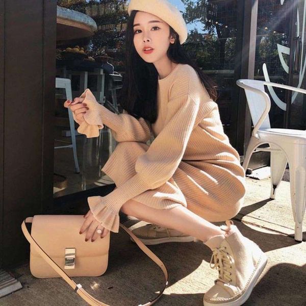 

autumn 2019 new small fragrance wear winter long sleeve knitted wool dress, Black;gray