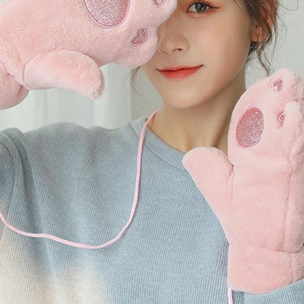 

women winter thick fluffy plush full finger gloves cartoon bear warm mittens 77he, Blue;gray