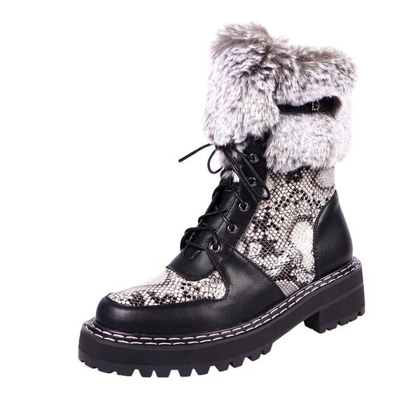 

boots snake print color matching women's winter plus velvet leather sponge cake ankle british wind increases snow, Black
