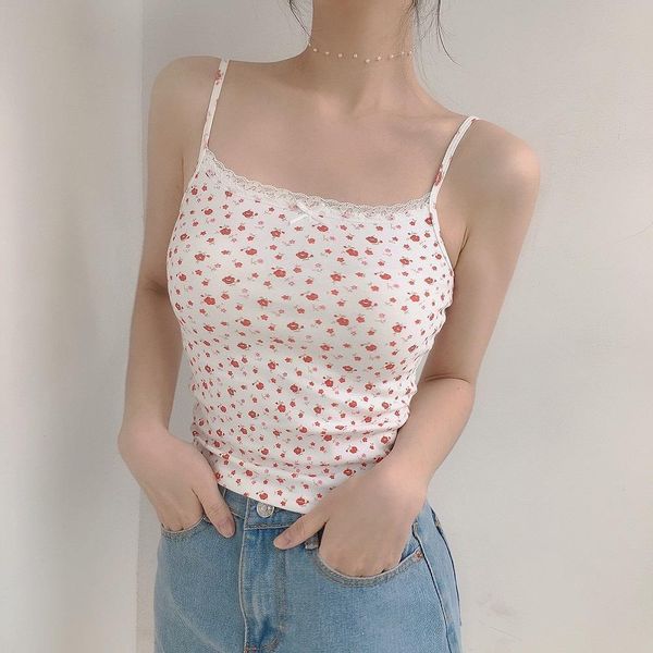 

cotton floral cami crop women 2020 summer for women lace trim cami sweet lolita crop casual ladies basic tees, White