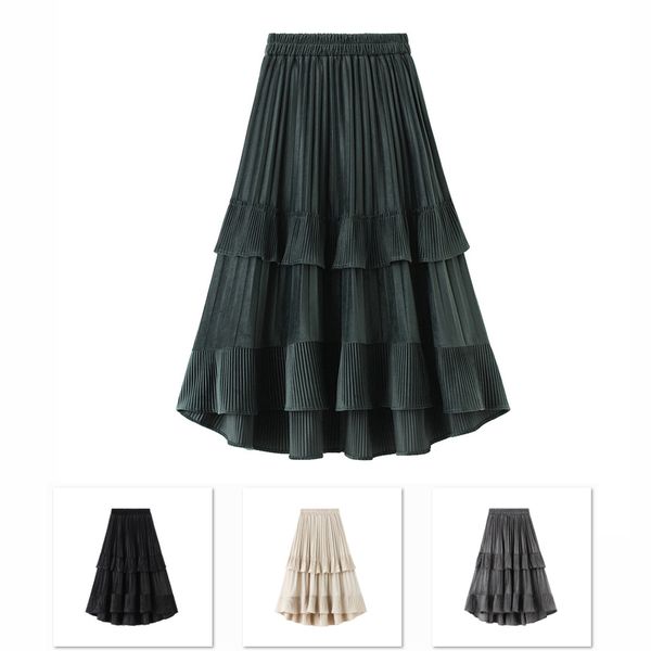 

spring autumn new tide fashion female student woman winter the arts vintage pleuche irregular midi skirts girl pleated skirt y1214, Black