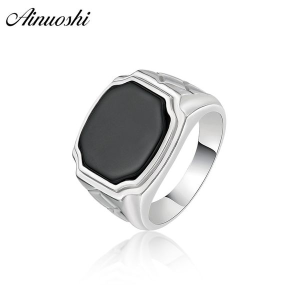 AINOUSHI 925 Sterling Silber Männer Hochzeit Verlobungsring Schwarz Solitär Geometrische Männlich Silber Geburtstag Party Ring Geschenk Schmuck Y200106