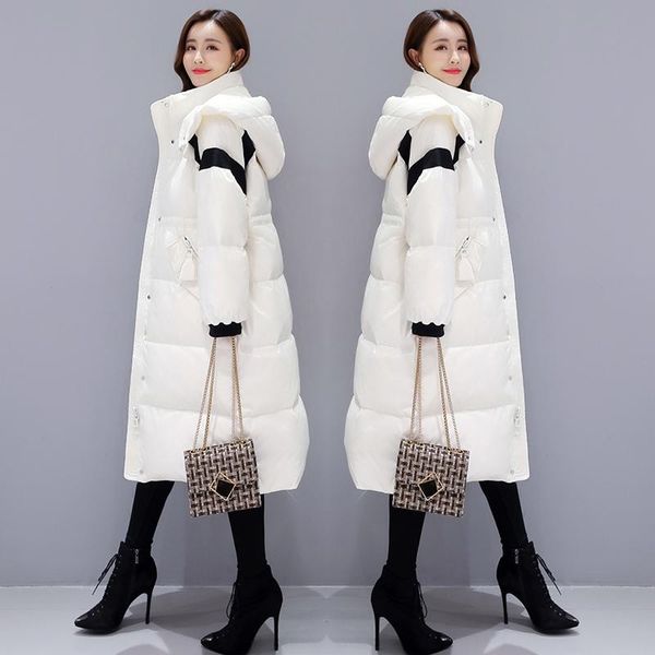 

down jacket women's new winter suit stitching drawstring large size waist over knee detachable hat white down jacket 003256, Black