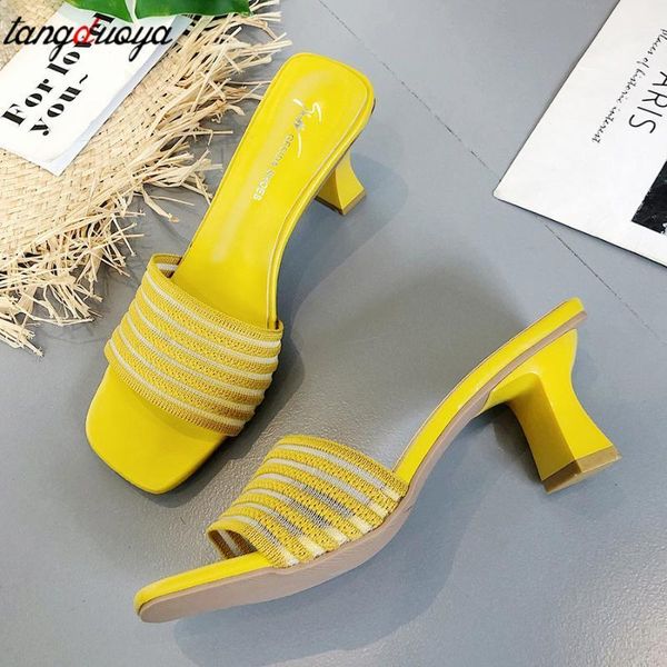 

women high heel slippers and slides shoes women summer high heels sandals square heel slippers shoes open toe sandals1, Black