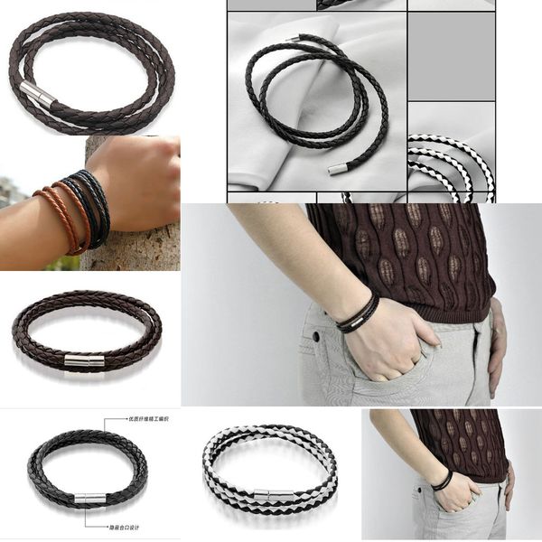 

magnetic leather bracelets mesh stainless steel pu clasp double wrap wristband beautiful bracelet mens jewelry can be nemdb7, Golden;silver