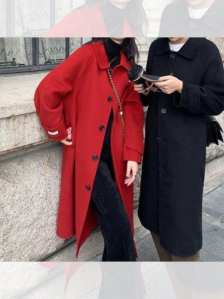 

double-sided cashmere coat female paragraph temperament long-sleeved red cloth fashion students grows in winter coat1, Black