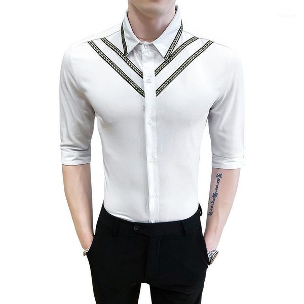 

2020 new men's summer korean trend slim sleeve shirt nightclub ktv hair stylist workwear five-point sleeve shirt1, White;black