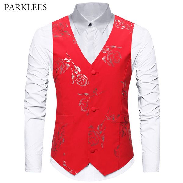 Red Bronzing Rose Estampa Floral Colete Masculino Festa de Casamento Coletes de Baile para Homens Noivo Noivo Padrinhos Luxo Colete Masculino Gilet Masculino 201106