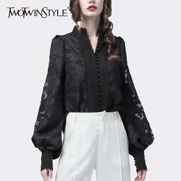 

twotwinstyle patchwork lace women's shirts lantern long sleeves stand collar korean shirt blouse female autumn fashion new 201126, White