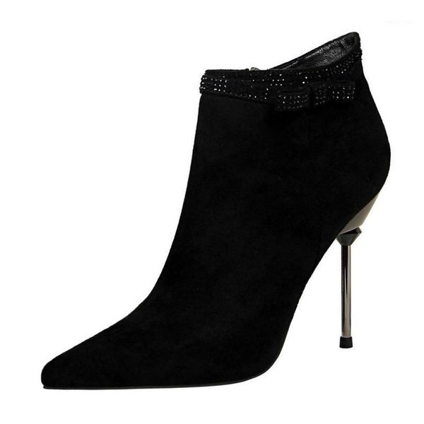 

meriahzheng fashion banquet short tube women's boots thin heeled suede pointed rhinestone slimming short boots ds-663-81, Black