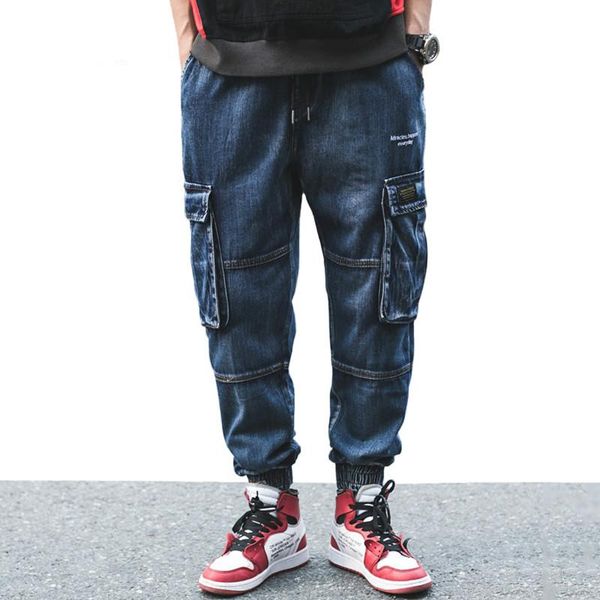 

men's jeans vintage 2021 arrival letter embroidery multi pockets cargo style men autumn high street fashion casual denim, Blue