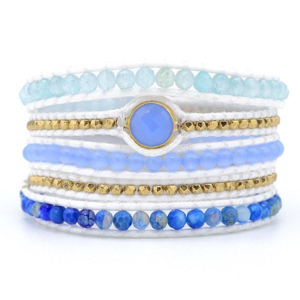 

tennis boho aquamarine bracelet non-leather vintage natural stone 5-strand wrap drop, Golden;silver