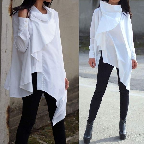 

celmia autumn women fashion asymmetrical shirt casual buttons ruffles blouse long sleeve loose vintage pleated blusas 7 y200422, White