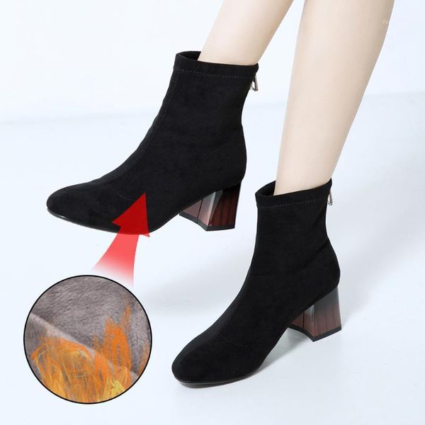 

boots plus size 34-43 fashion ankle elastic sock chunky high heels stretch women autumn booties pointed toe zip pump1, Black