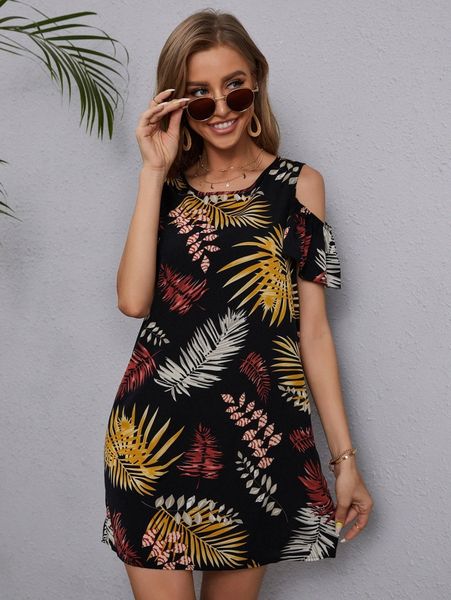 

tropical print cold shoulder tunic dress f6co#, Black;gray
