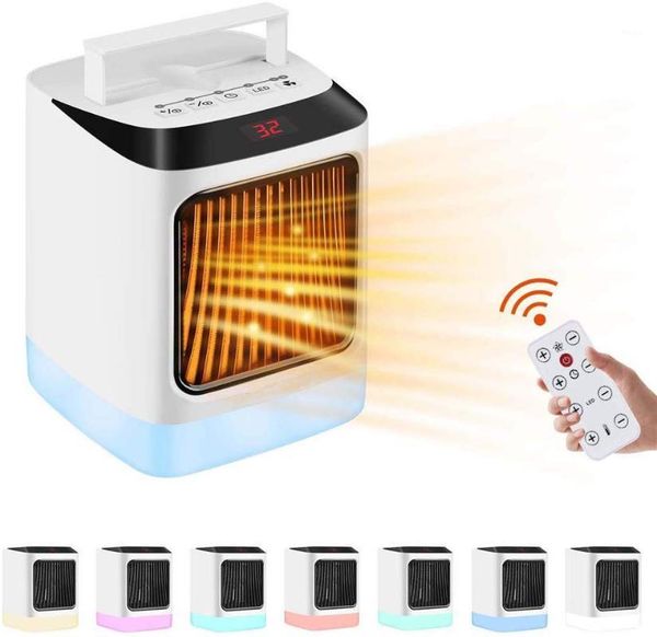 

1000w portable eletric heater deskheating warm fan with led light remote control for home office1