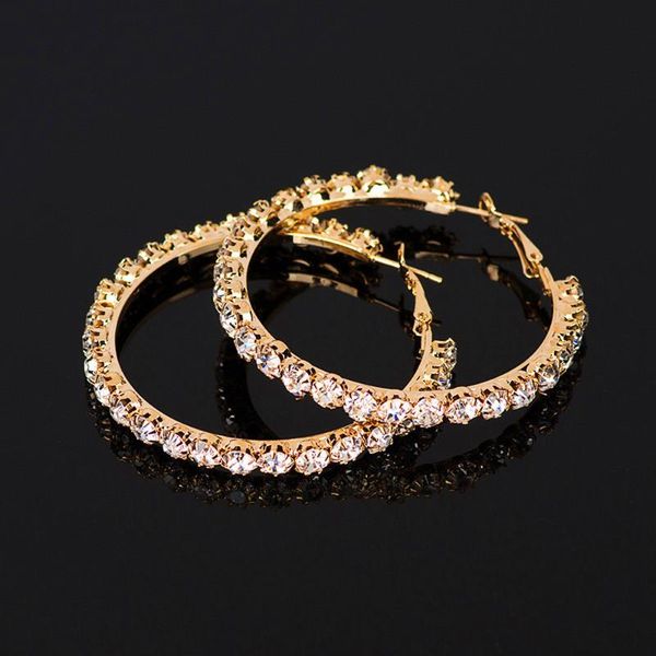 

1 pair exaggerated rhinestone hoop earrings luxury glitter metal circle for women girls fashion personality earrings, Golden;silver