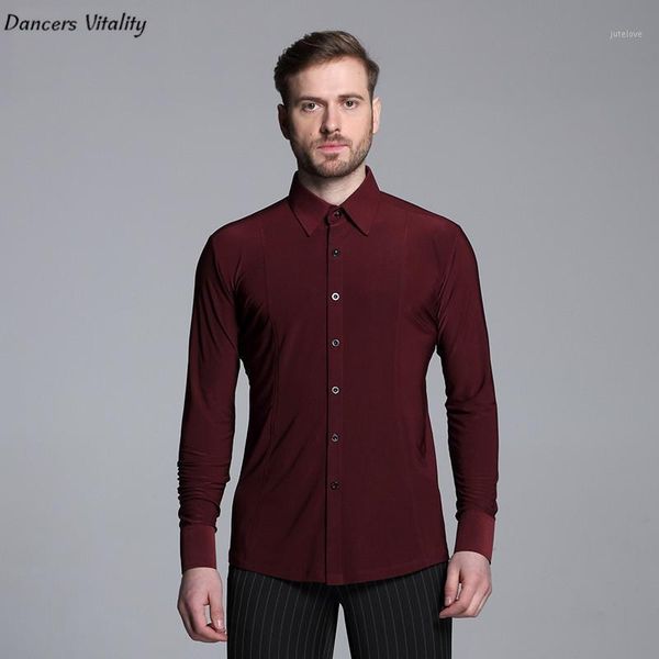 

2020 men's pure color latin dance long sleeves shirts modern cha-cha dance waltz latin men modern competition dress1, Black;red
