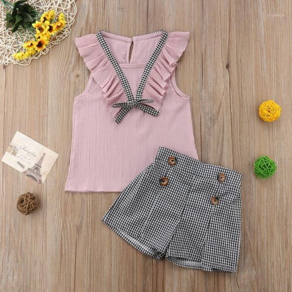 

baby girl clothing sets ruffled sleeveless tank + plaid shorts 2-9y kids children summer casual cotton outfit sets1, White