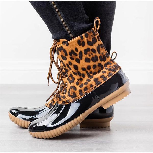 

women leopard rain boots lace up pu leather low heel ladies rubber ankle boots color casual female shoes autumn fashion, Black