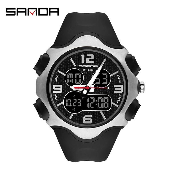

sanda новые мужчины спортивные часы светодиодные цифровые кварцевые военные часы многофункциональные хронографические наручные часы relogio, Silver