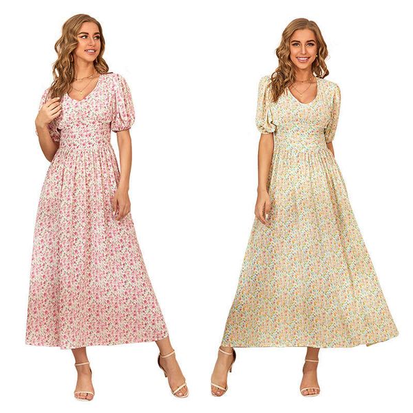 

women's autumn 2020 new floral chiffon lantern sleeve sweet style dress, Black;gray