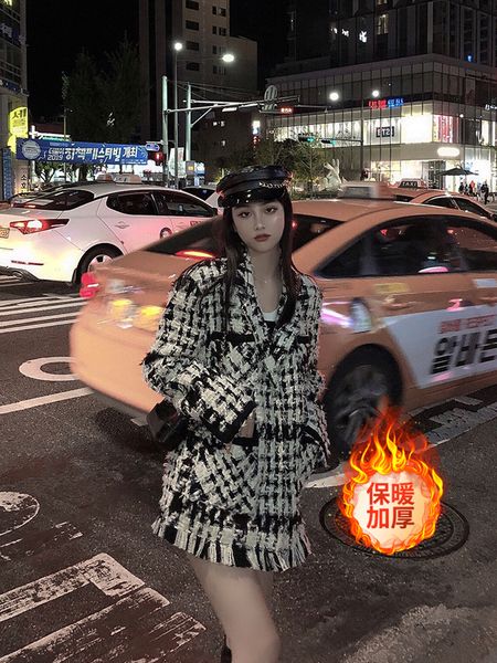 

small fragrant lady's wind women's autumn and winter thickened cotton tweed medium length thousand bird checkered woolen coat, Black