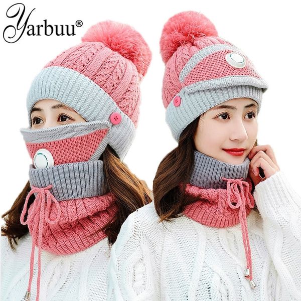 

yarbuu]new 3 pieces set women's knitted hat scarf caps neck warmer winter hat for ladies girls skullies beanies warm fleece cap y20102, Blue;gray