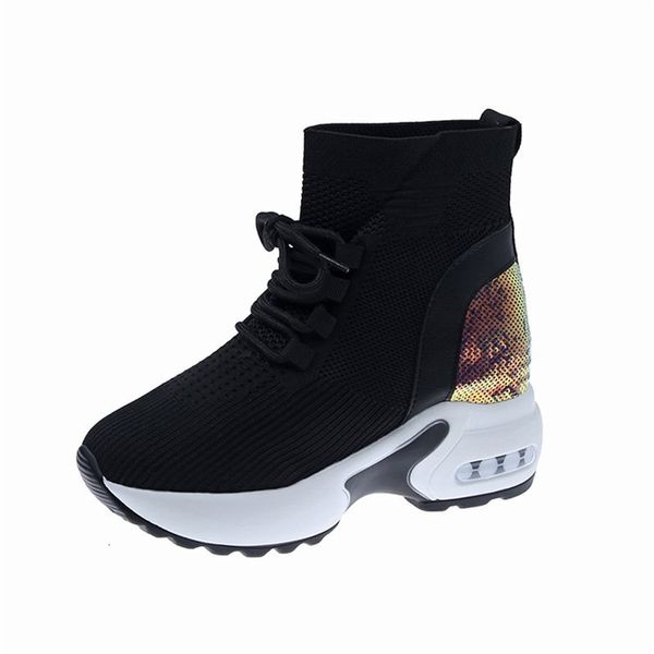 

2021 new women lace-up round-toed ladies raise women's internal shoes socking boots high heels apqx, Black
