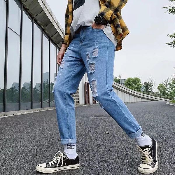 

wholesale 2019 hole jeans hombre streetwear summer thin denim korean harem distressed wild slim feet men's trousers pencil pants1, Blue