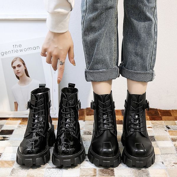 

fashion leather buckle plutonium ankle boots for women bottom shoes black-style woman platform british buty damskie 2020