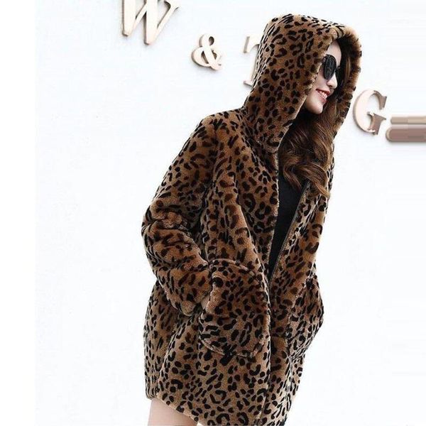 

plus size 5xl women fur coat 2020 europ women fashion new winter fur coat female hooded leopard jacket warm soft mink1, Black