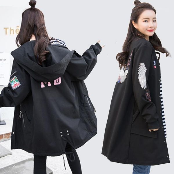

2020 new spring autumn long trench coats women's baseball uniform windbreaker loose hooded outerwear x3961, Tan;black