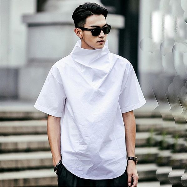 

men's clothing 2020 summer new men's high-neck short-sleeved shirt fashion casual personality original design loose men, White;black
