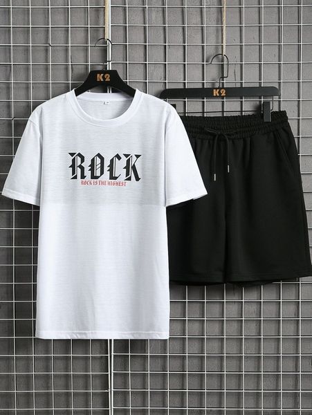 

men slogan graphic tee & drawstring waist shorts 96pw#, Gray