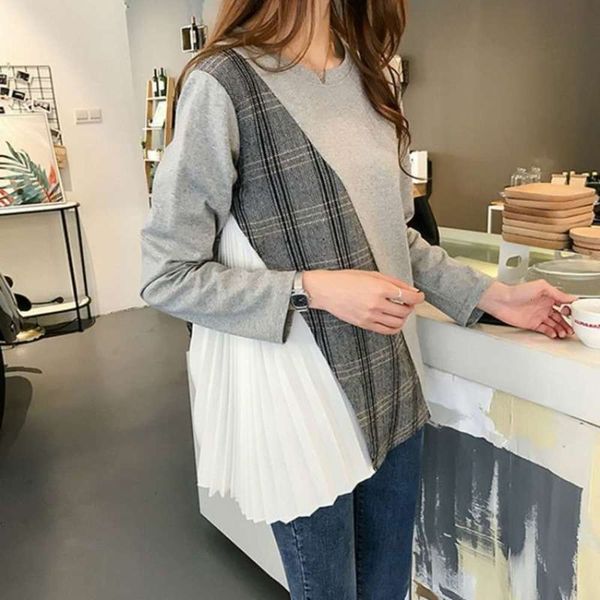 

new irregular plaid splicing round autumn neck t-shirt women's medium chic hong kong style long sleeve bottoming shirt, Black;gray