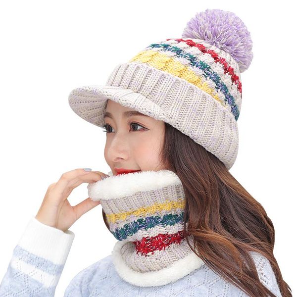 

girl winter skullies beanies knitted hat women brand winter women ball ski wool fur hat pompoms hats knitted scarf, Blue;gray