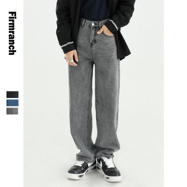 

men's jeans firmranch autumn men/women simple washed loose straight long denim pants retro japanese&korean style vintage 90s, Blue