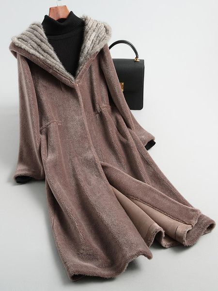 

women's fur & faux cashmere coat 2021 fashion otter hooded long wool, Black