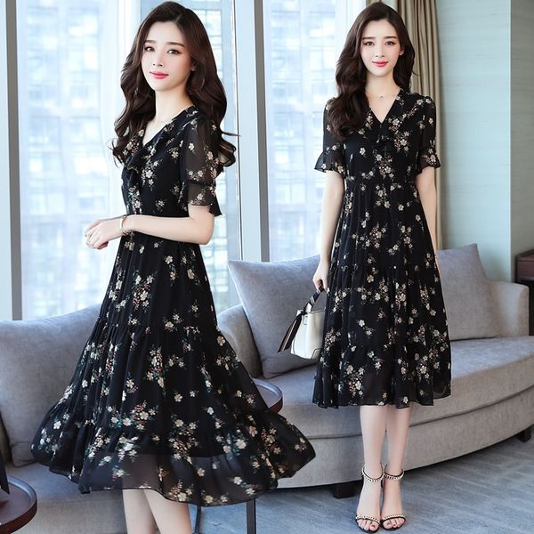 

floral print ruffle party summer chiffon midi women dress plus size lady vintage elegant runway vestido long korean style y200805, Black;pink