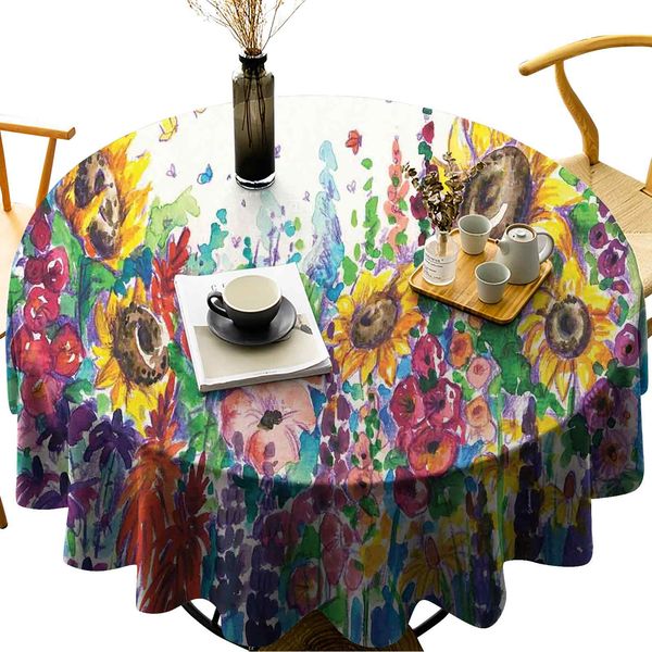 

round tablecloth cotton linen dust-proof table cover floral watercolor style wildflowers country kitchenware flowers art print