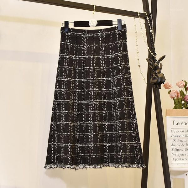 

autumn winter women's skirts korean style plaid fringe knitted skirt new high waist slim a-line female skirt ll9641, Black