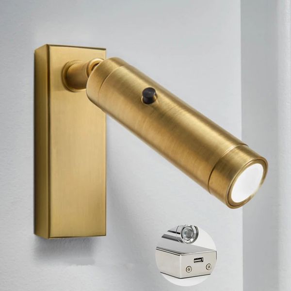 Topoch Goldene Wandleuchte mit Knopfschalter, Ein-/Aus-Lampen, LED, 3 W, schmaler Strahl, Richtungskopf, integrierter Treiber, USB-Ladegerät, Nachttisch-Leseleuchter, AC100–240 V