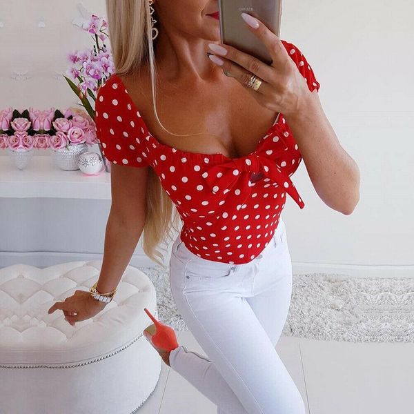 

women short sleeve boho polka dot loose shirts fashion ladies v neck summer casual slim blouse shirt new, White