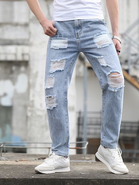 

men ripped frayed cat scratch jeans e3au#, Blue