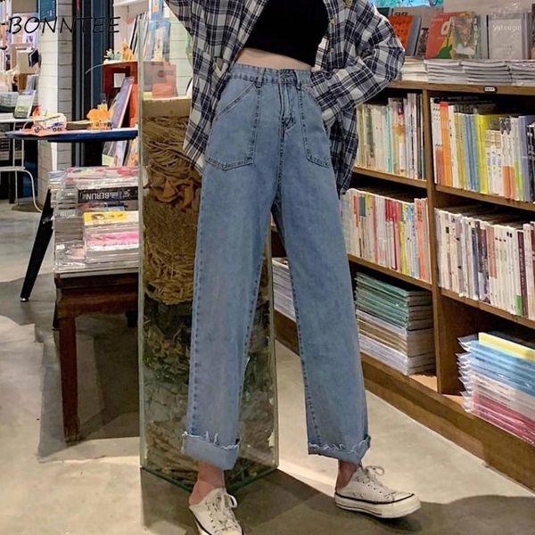 

jeans women denim loose straight high waist zipper button pockets korean style fashion trousers students daily streetwear womens1, Blue