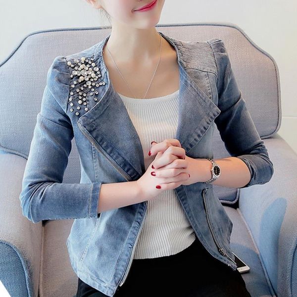

women denim jackets casual slim pearl bead zipper jeans coat female, Black;brown